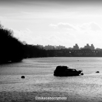 I greet the Thames at Hammersmith's Chiswick Mall, with the sunny haze of the brewery in the distance.