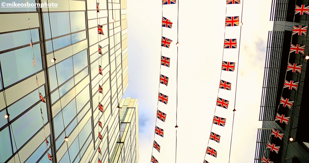 Union Jack bunting in Spinningfields, Manchester to mark the Platinum Jubilee