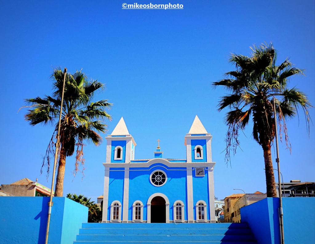 The blue church of São Filipe, Fogo, Cape Verde against a brilliant blue sky